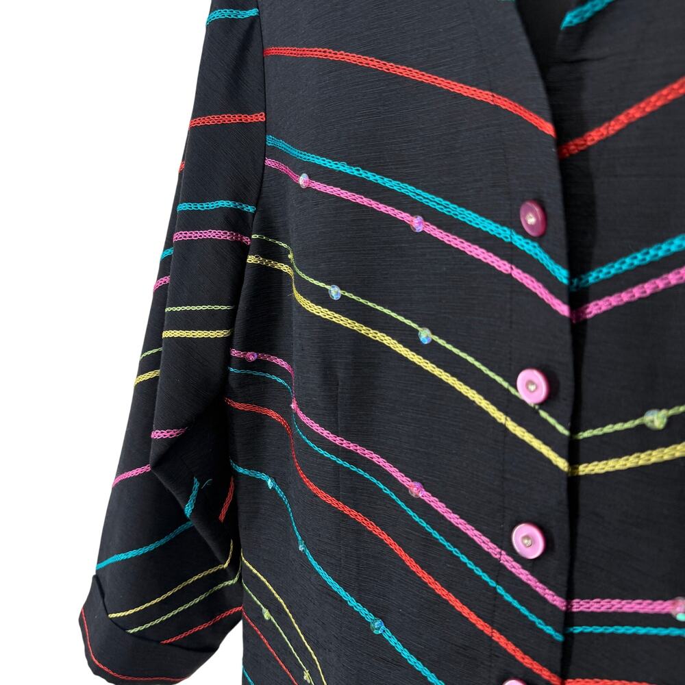 SILK LAND Sz Medium 100% Silk Black Blue Pink Wearable Art Jacket Shirt Top - Picture 7 of 9